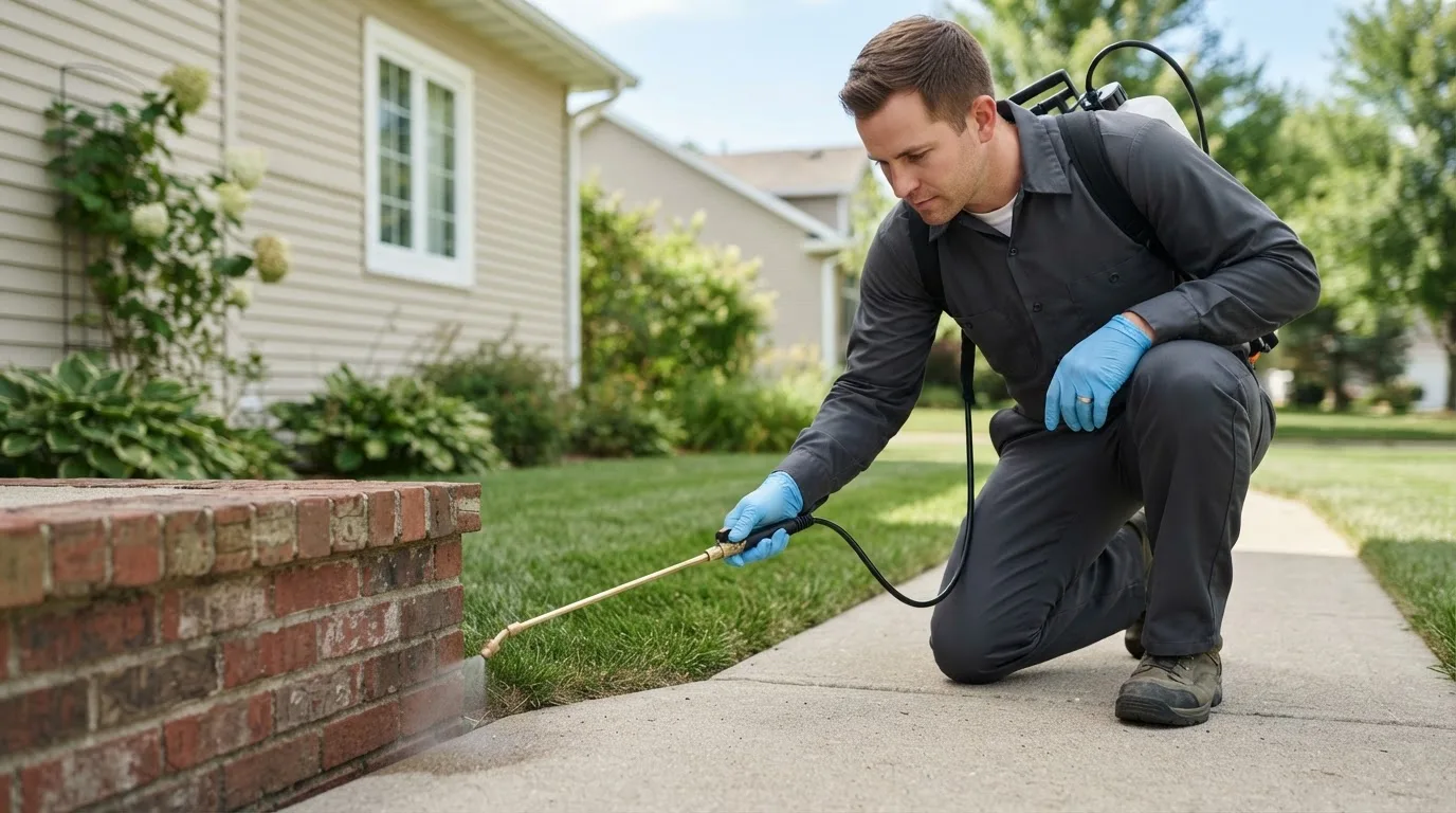 Pest control technician treating a home near Webster City, IA