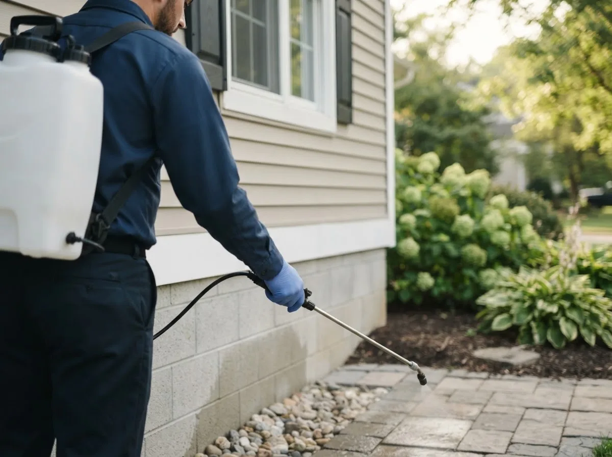 Pest control technician inspecting a home in Webster City, IA